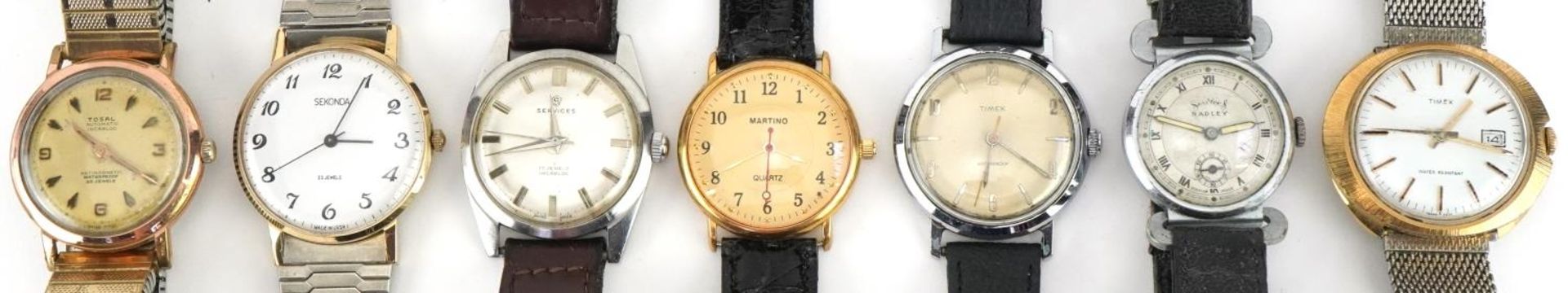 Seven vintage and later gentlemen's wristwatches including Services, Timex, Tosal and Sekonda, the