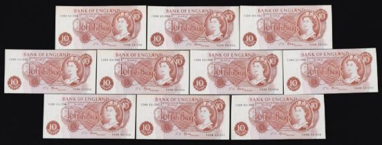 Ten Elizabeth II Bank of England ten shilling bank notes with consecutive serial numbers, Chief
