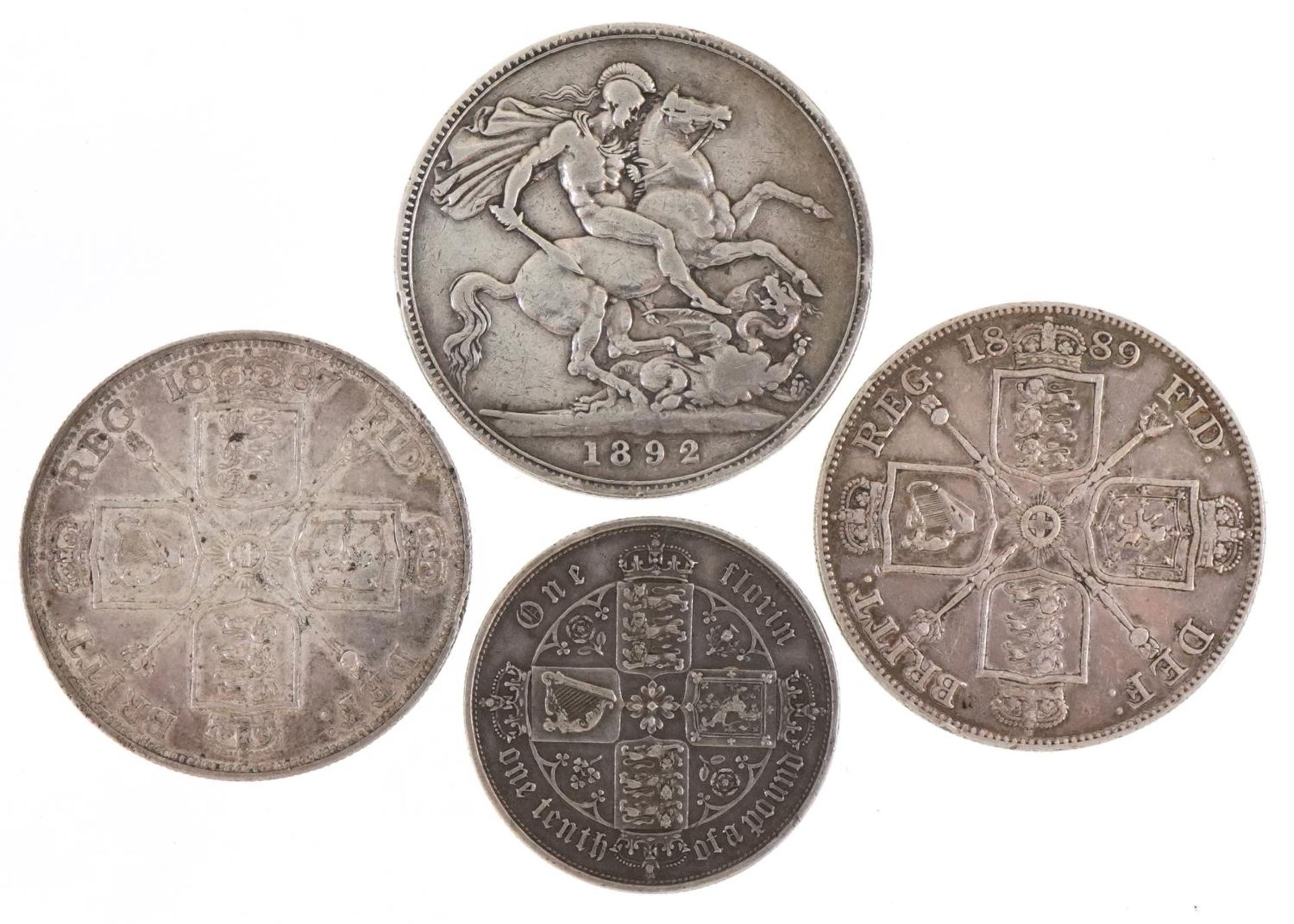 Victorian silver coins including 1892 crown, two double florins dates 1887 and 1889 and Gothic - Image 2 of 2