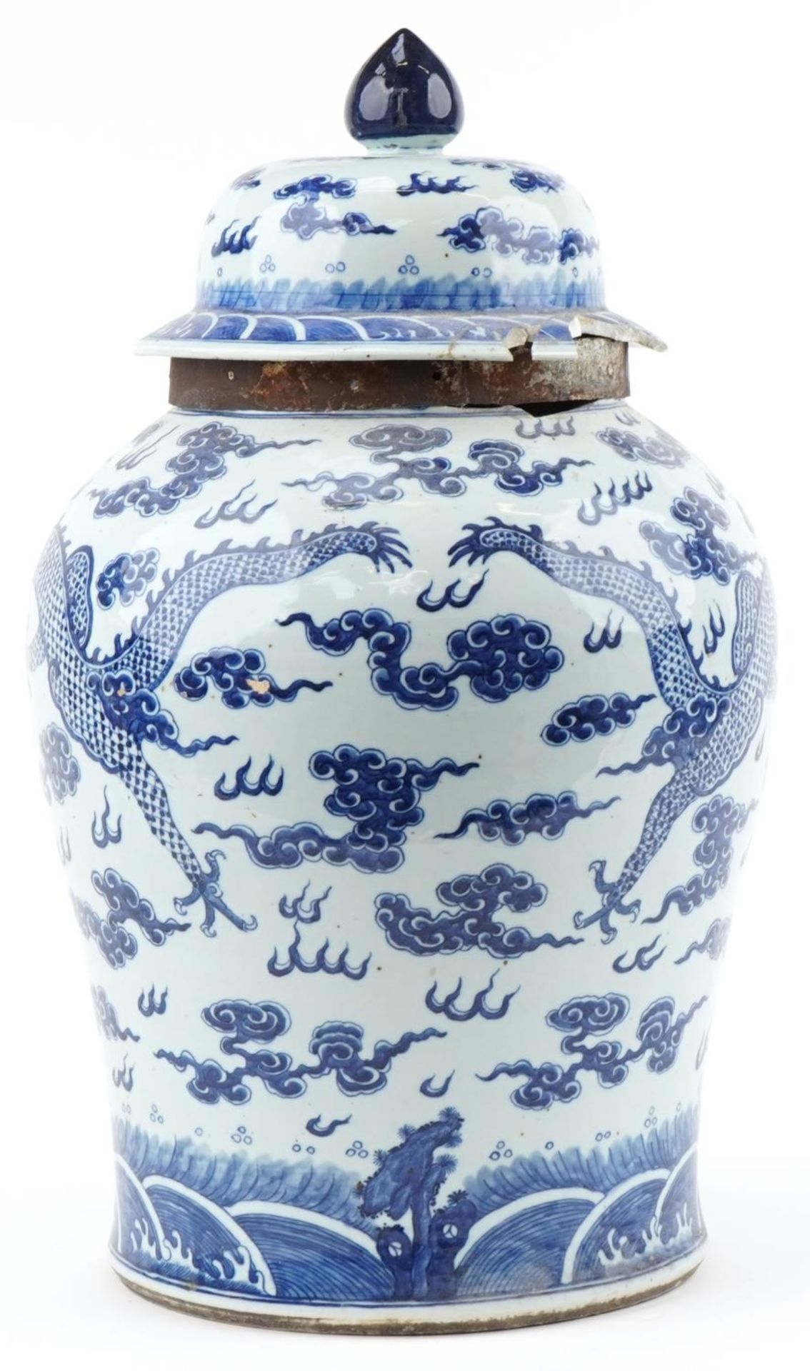 Large Chinese Kangxi jar and cover hand painted with a dragon chasing the flaming a pearl, 66cm high - Image 4 of 7