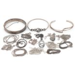 Vintage and later silver and white metal jewellery including hinged bangles, pendants on necklaces