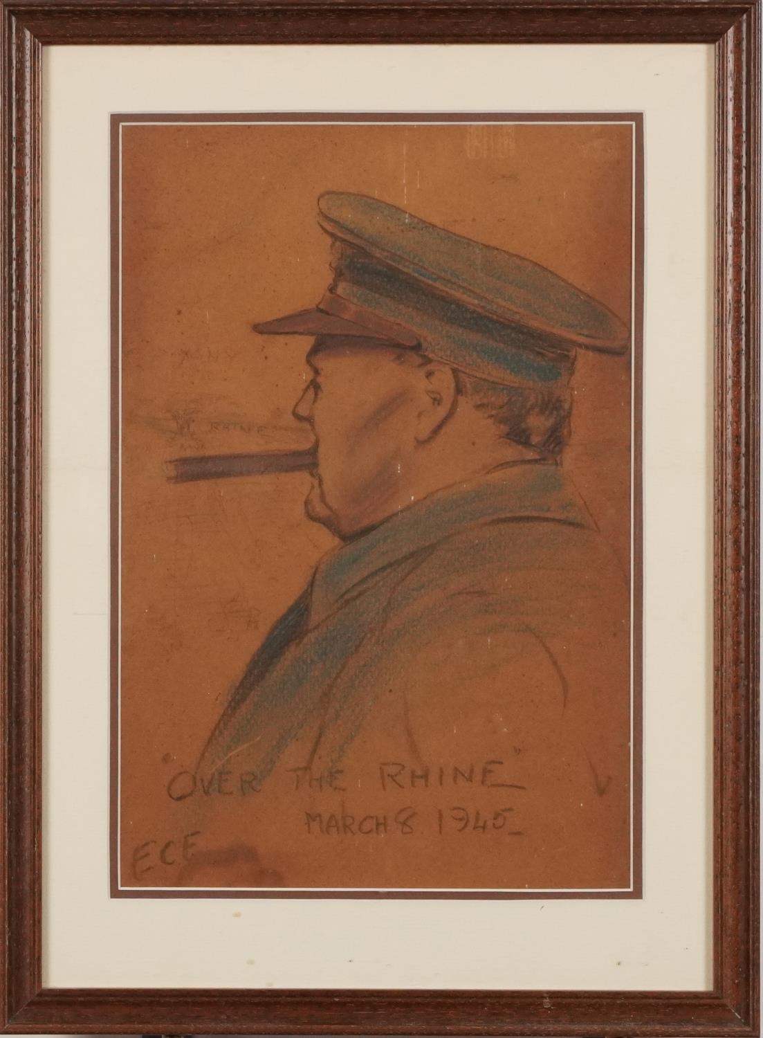 E C F - Winston Churchill, Over the Rhine, March 8th 1945, charcoal and crayon sketch, mounted and - Image 2 of 5
