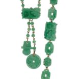 Austrian Art Deco faux jade pressed glass necklace and bracelet moulded with Chinese dragons and