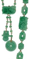 Austrian Art Deco faux jade pressed glass necklace and bracelet moulded with Chinese dragons and