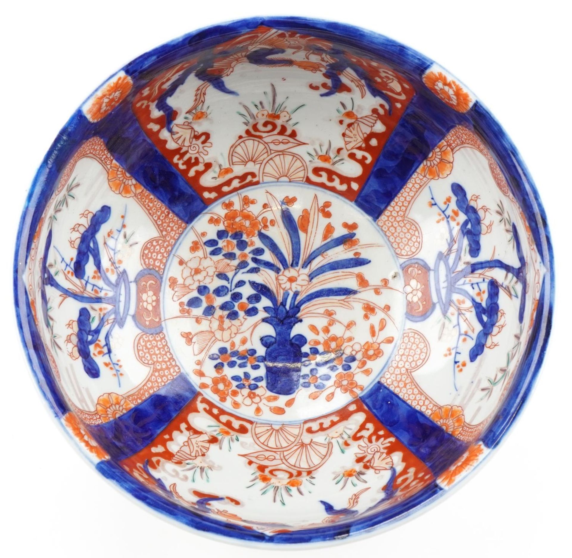 Japanese Imari porcelain bowl hand painted with panels of flowers, 25cm in diameter - Image 5 of 6