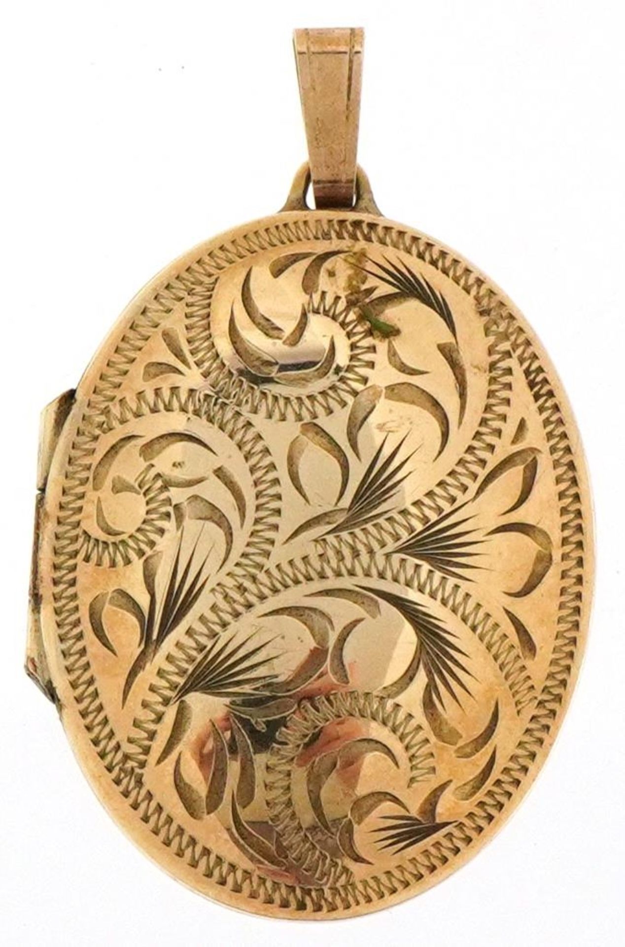 9ct gold floral engraved oval locket, 4cm high, 4.2g