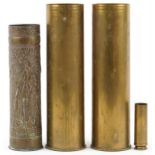 Four military interest brass shells including a World War I trench art example decorated with