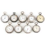 Nine ladies silver open face pocket watches, each having enamelled dial with Roman numerals, the