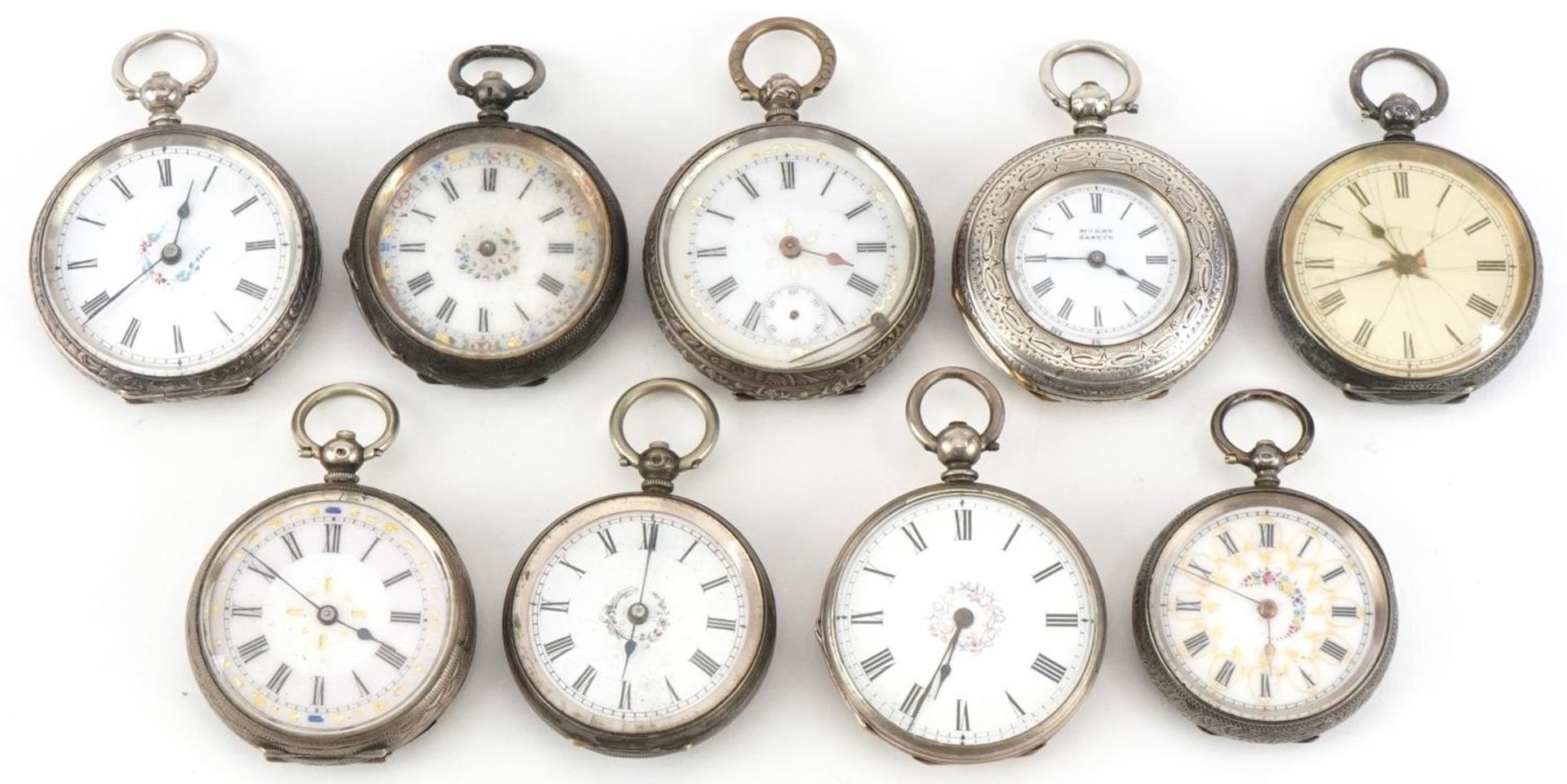 Nine ladies silver open face pocket watches, each having enamelled dial with Roman numerals, the