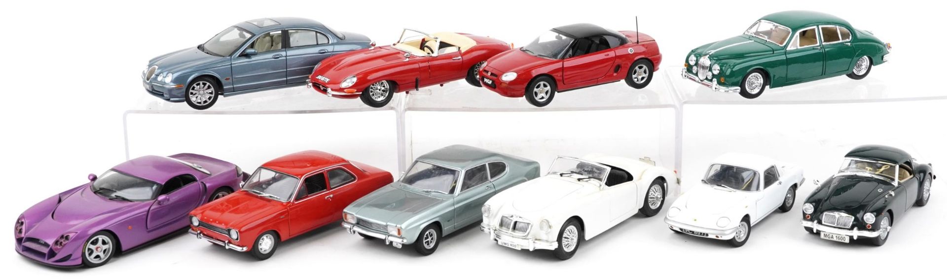 Ten 1:18 scale diecast vehicles including Maisto Jaguar S Type, Tonka MGA Twin Cam and Burago 1961