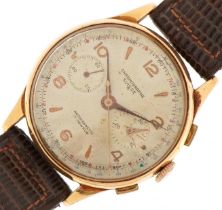 Gentlemen's 18ct gold chronograph manual wind wristwatch having silvered dial with Arabic