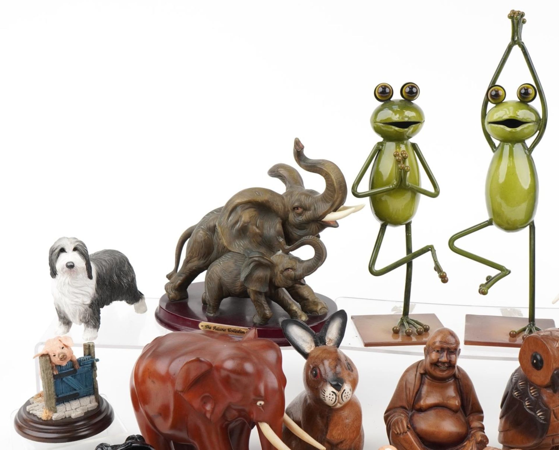 Model animals including carved hardwood elephant and two novelty frogs together with a hardwood - Image 2 of 5