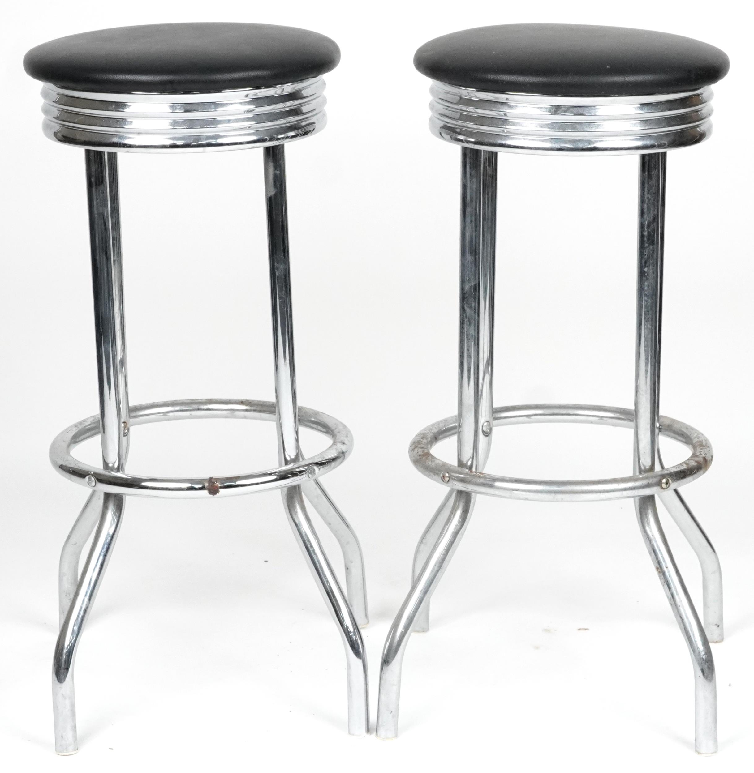 Pair of chrome breakfast bar stools with black faux leather cushioned seats, each 77cm high - Image 3 of 3