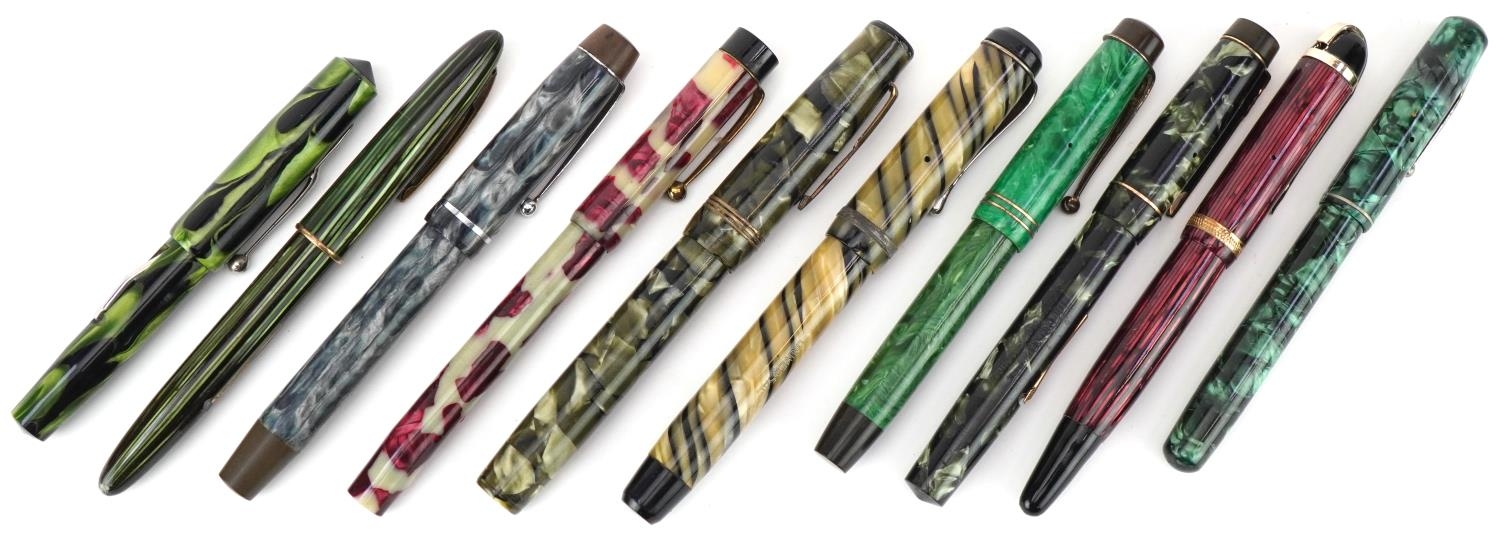 Vintage fountain pens, mainly marbleised, some striped, including Croxley and Watermans
