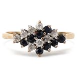 9ct gold blue and clear stone four row cluster ring, size U, 2.4g