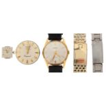 Vintage wristwatch parts including Omega watch strap, Jaeger LeCoultre ladies wristwatch movement