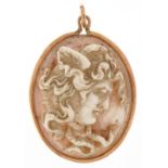 Victorian cameo shell pendant carved with a bust housed in a yellow metal mount, 3cm high, 7.8g