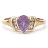 9ct gold teardrop amethyst and clear stone ring, size N, 2.4g