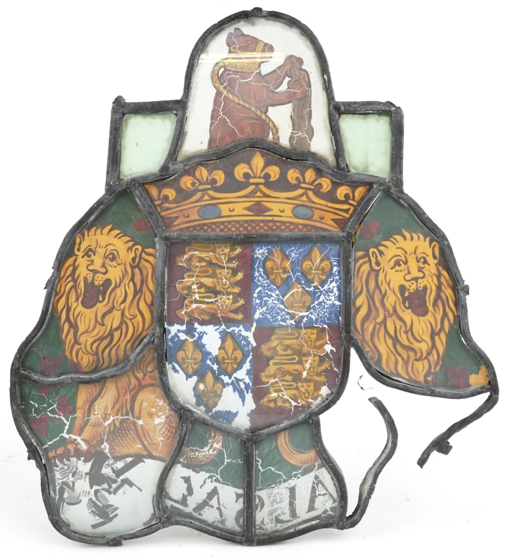 Four Danish leaded stained glass Heraldic Coat of Arms including one with lions and a bear, the - Bild 3 aus 9