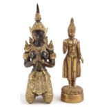 Two Thai gilt metal figures of Buddha including a kneeling example, the largest 12cm high