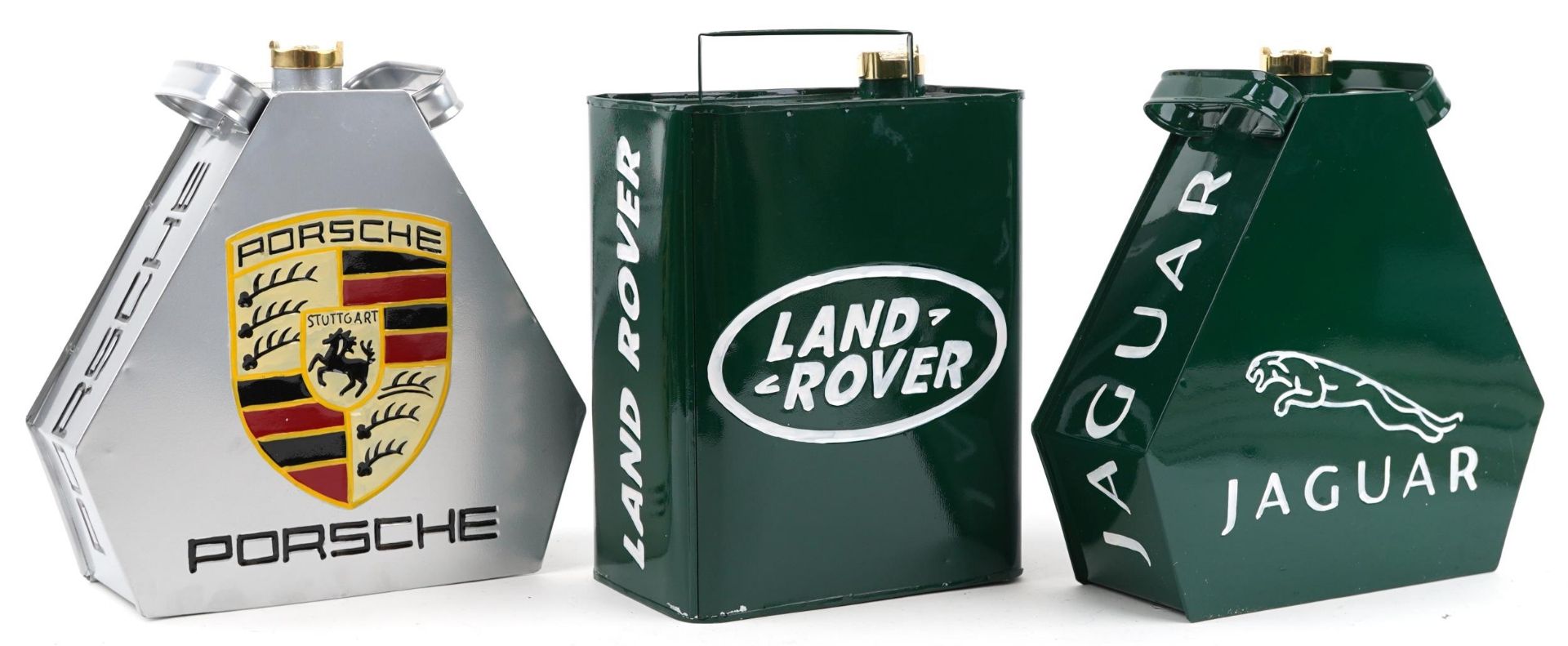 Three advertising metal fuel cans a Porsche, Jaguar and Land Rover, each 34cm high - Bild 2 aus 3
