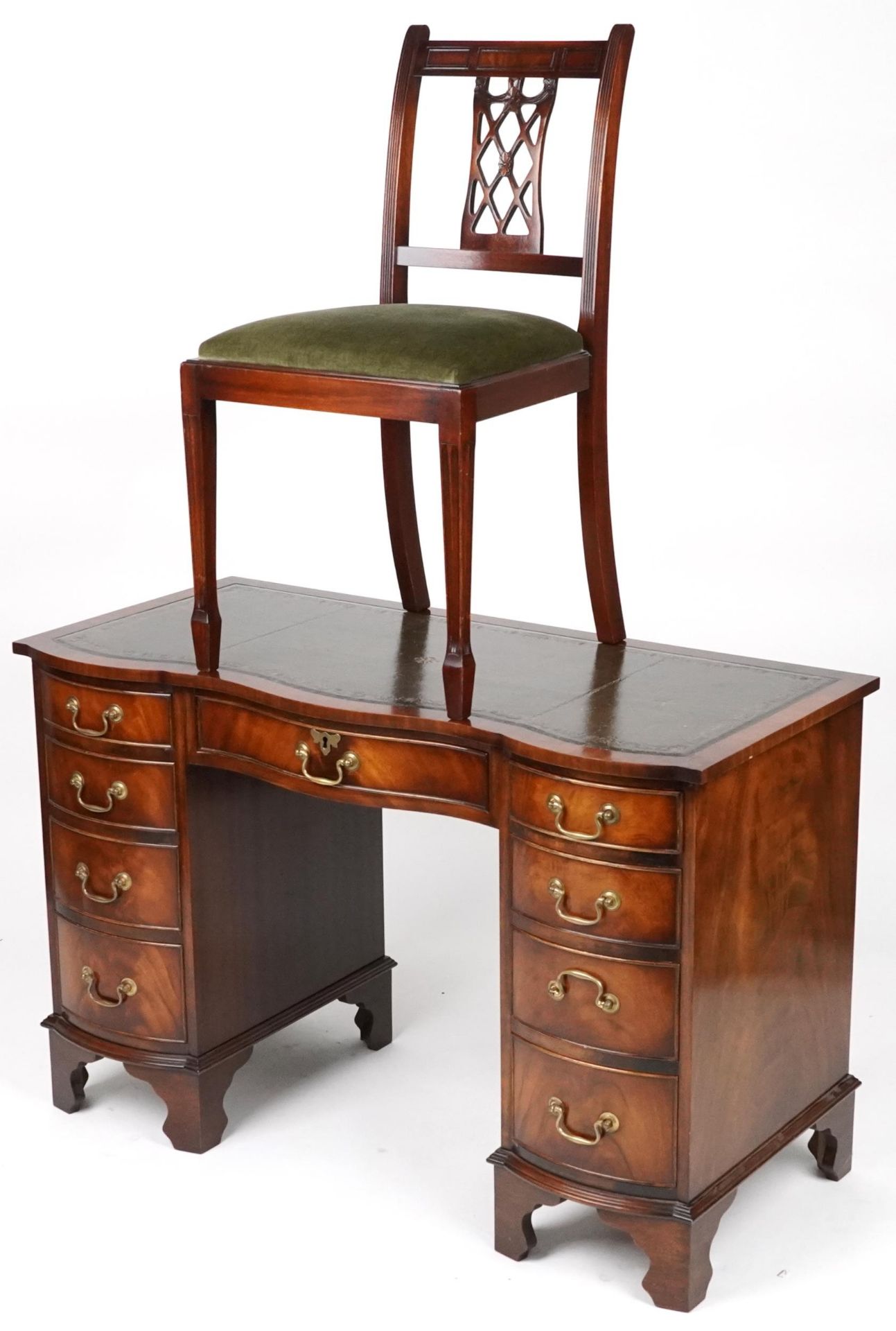Mahogany serpentine front twin pedestal desk and a mahogany chair, the desk with nine drawers and - Image 2 of 9