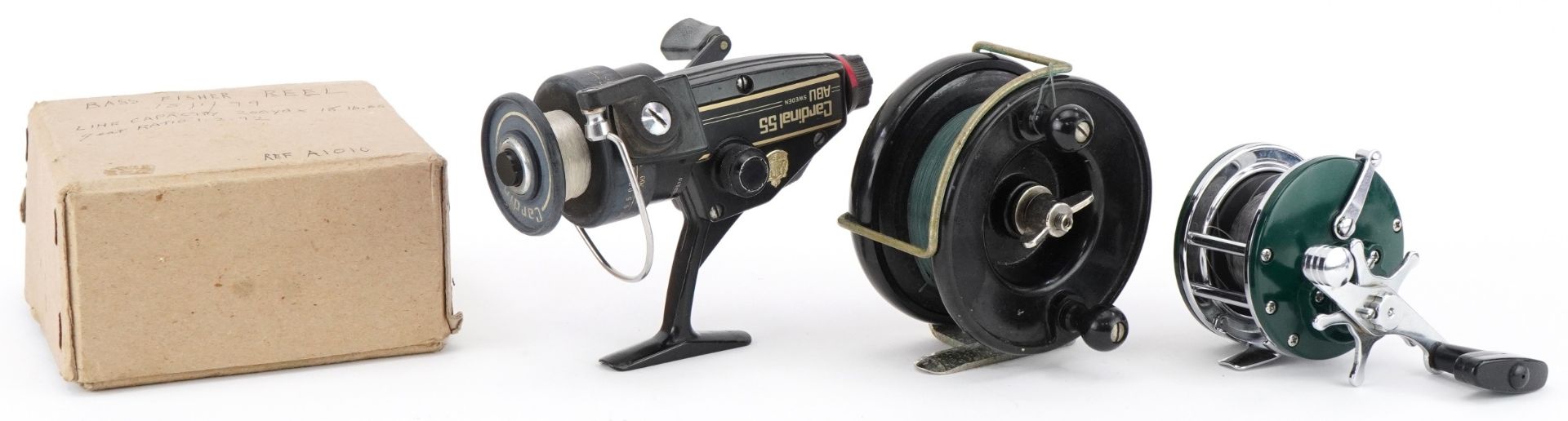 Three vintage fishing reels including a Swedish Cardinal 55 example and Allcock Aerialite