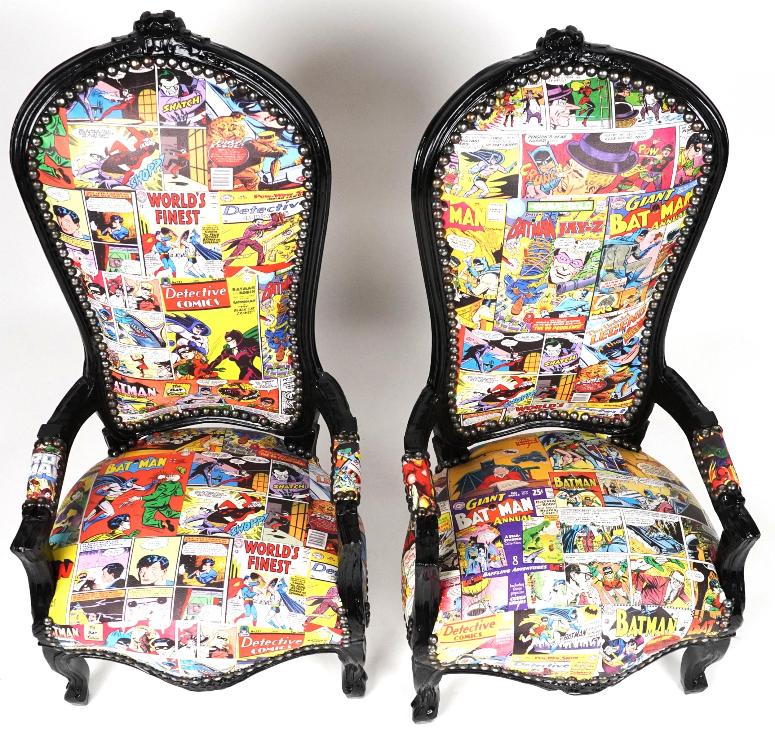 Pair of ebonised child's elbow chairs with comic upholstery, 100cm high - Image 3 of 4