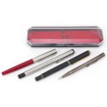 Yard-O-Led rolled silver propelling pencil and three Parker pens including one advertising Hello