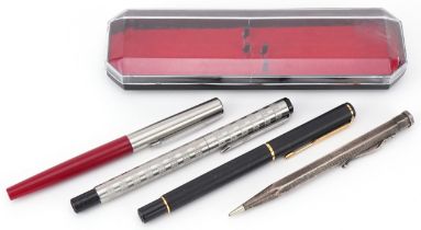 Yard-O-Led rolled silver propelling pencil and three Parker pens including one advertising Hello