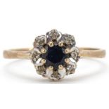 9ct gold sapphire and diamond flower head ring, size J, 1.3g