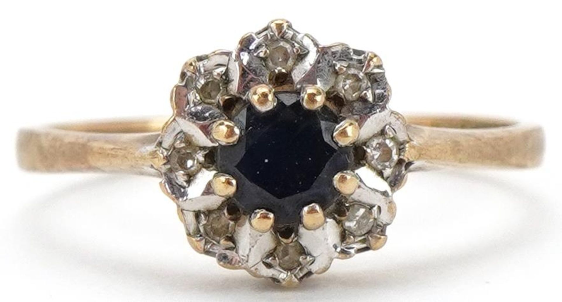 9ct gold sapphire and diamond flower head ring, size J, 1.3g