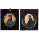 Two 19th century portrait miniatures onto paper of gentlemen, in ebonised frames, the largest 15cm x