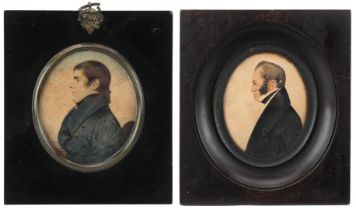 Two 19th century portrait miniatures onto paper of gentlemen, in ebonised frames, the largest 15cm x