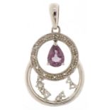 9ct white gold purple spinel, diamond and clear stone pendant, 3.4cm high, 3.7g