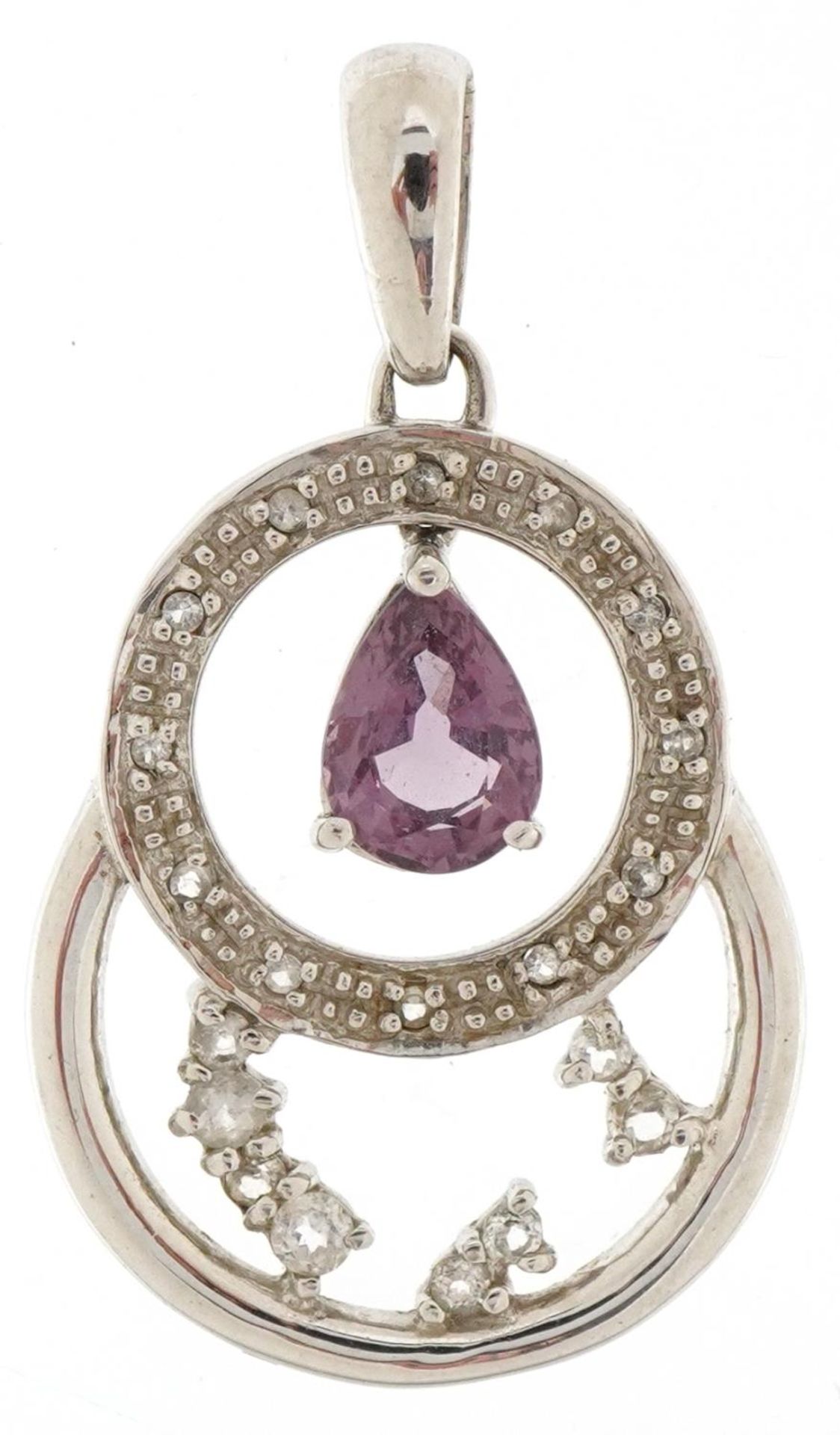 9ct white gold purple spinel, diamond and clear stone pendant, 3.4cm high, 3.7g