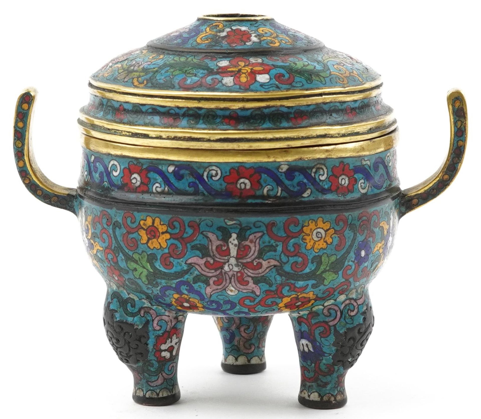 Chinese cloisonne patinated bronze tripod censer with pierced cover enamelled with flowers, four - Image 3 of 8