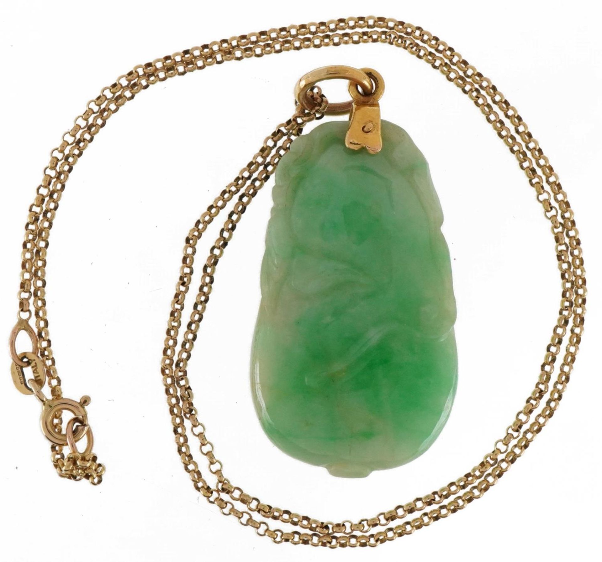 Chinese carved green jade pendant in the form of fruit with unmarked gold mount on a 9ct gold - Bild 3 aus 4
