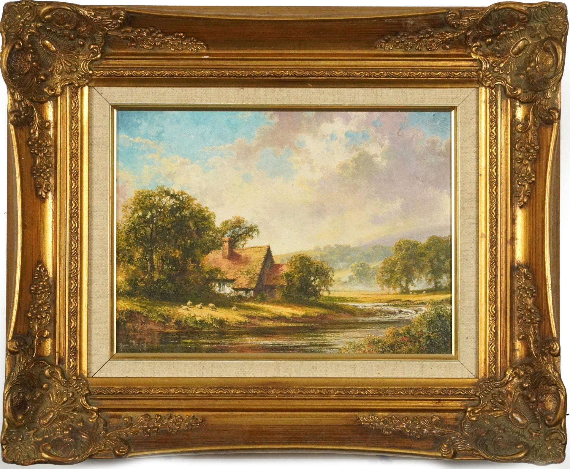 Jason Threlfall - Rural landscape, sheep by cottage and river, oil on canvas, mounted in a gilt - Image 2 of 5