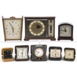 Vintage and later clocks including Smiths brown Bakelite mantle clock and Estyma Datomatic travel
