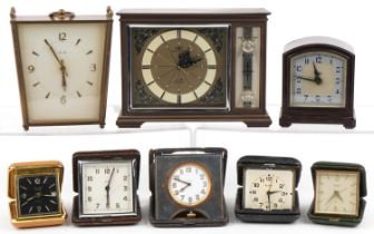 Vintage and later clocks including Smiths brown Bakelite mantle clock and Estyma Datomatic travel