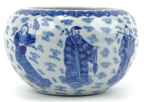 Chinese blue and white porcelain jardinière hand painted with elders, character mark to the base,