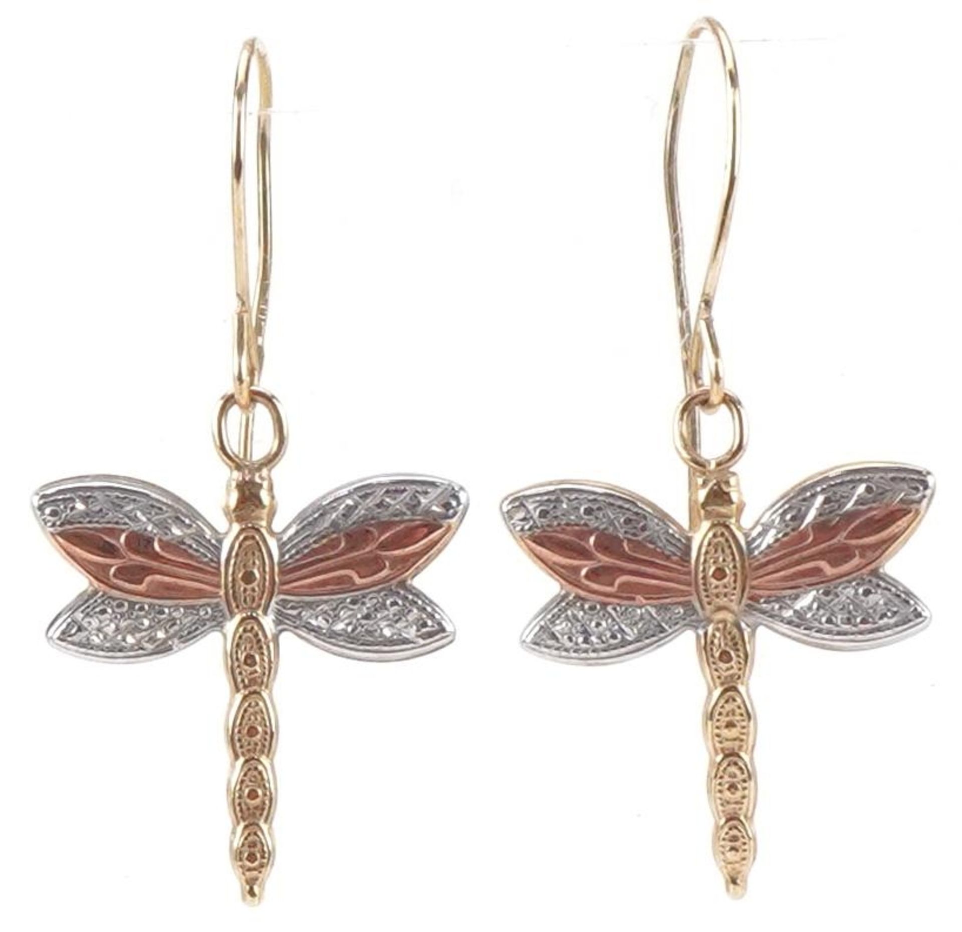 Pair of 9ct three tone gold dragonfly drop earrings, each 2.6cm high, total 0.5g