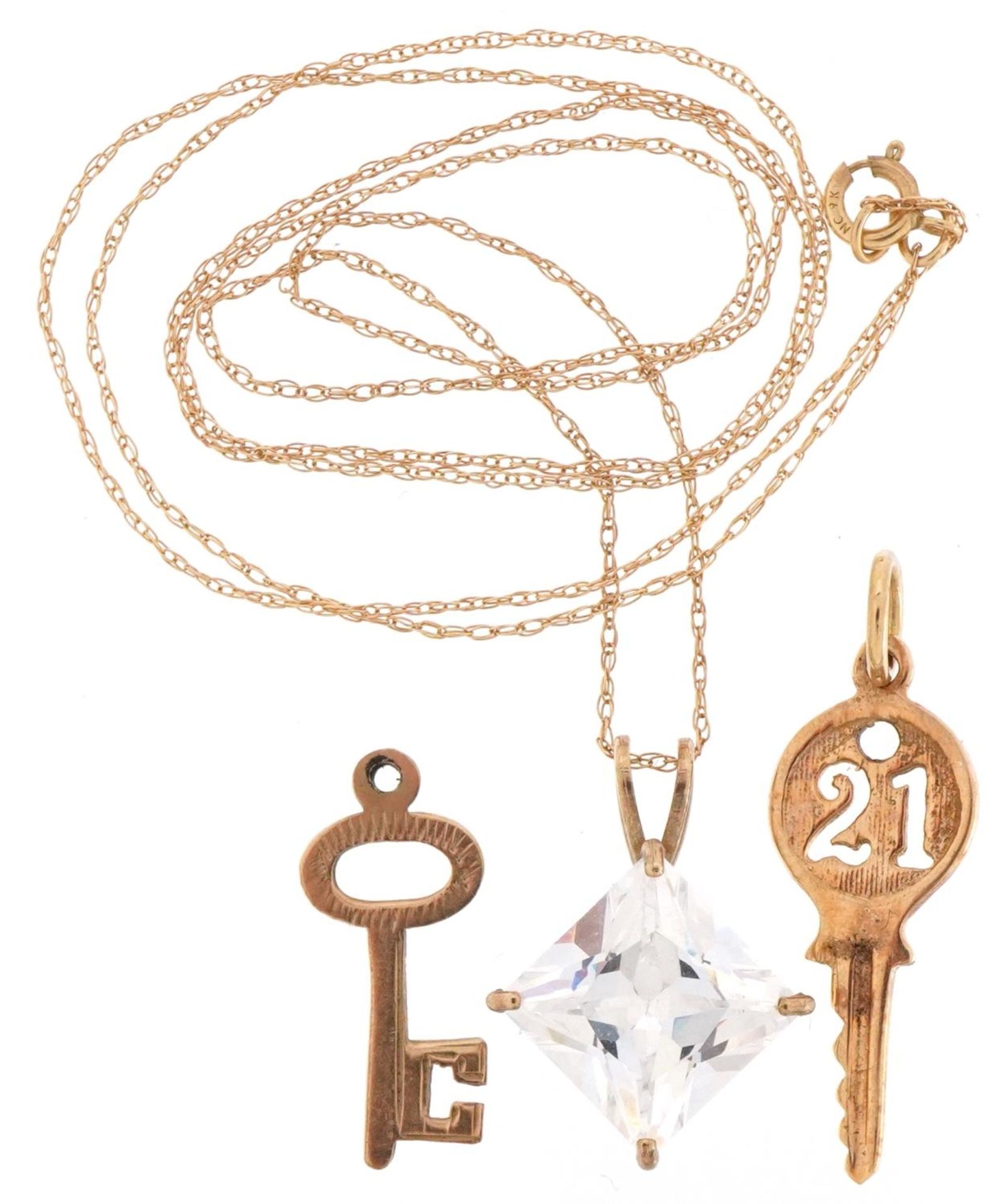 9ct gold jewellery comprising cubic zirconia pendant on necklace and two charms in the form of keys, - Image 2 of 5
