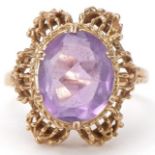 9ct gold amethyst solitaire ring with filigree setting, the amethyst approximately 12.0mm x 9.40mm x