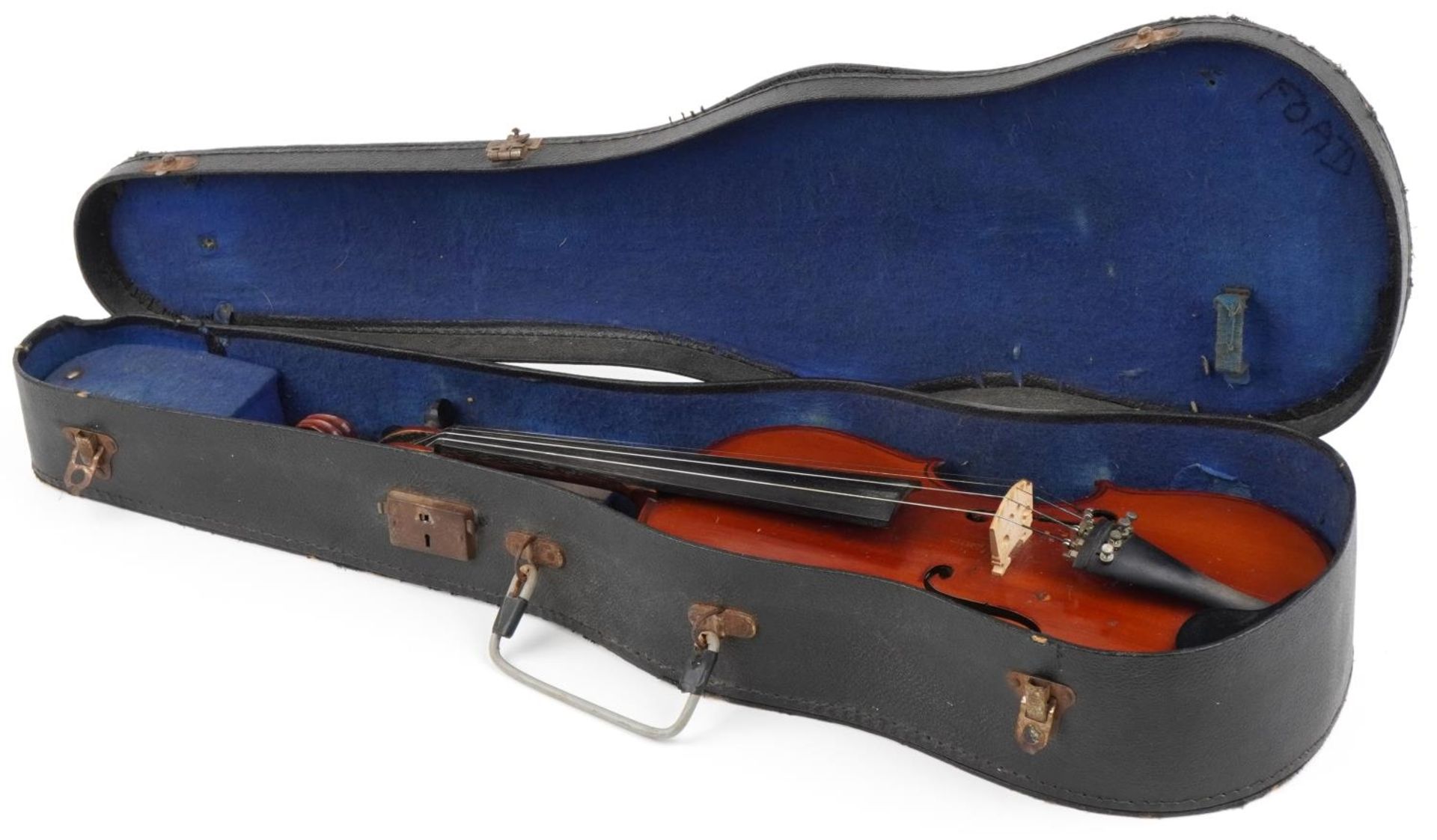 Old wooden violin with fitted case, the violin back 14 inches in length - Bild 4 aus 4