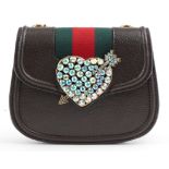 Gucci, brown leather shoulder bag with love heart and arrow set with colourful stones, 20.5cm wide
