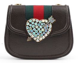 Gucci, brown leather shoulder bag with love heart and arrow set with colourful stones, 20.5cm wide