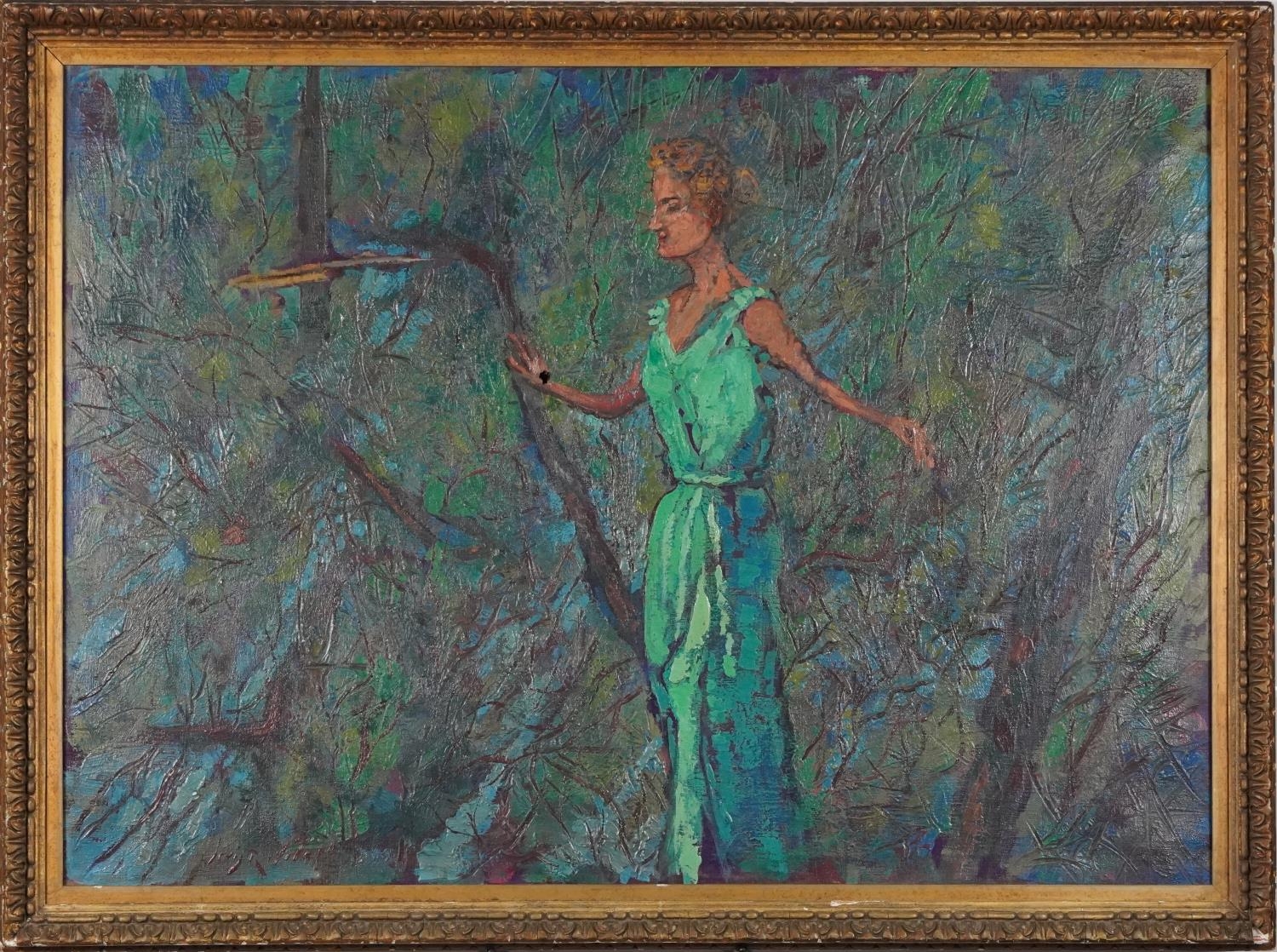 Female wearing a turquoise dress before a forest, Pre-Raphaelite school oil on canvas, in a gilt - Image 2 of 4