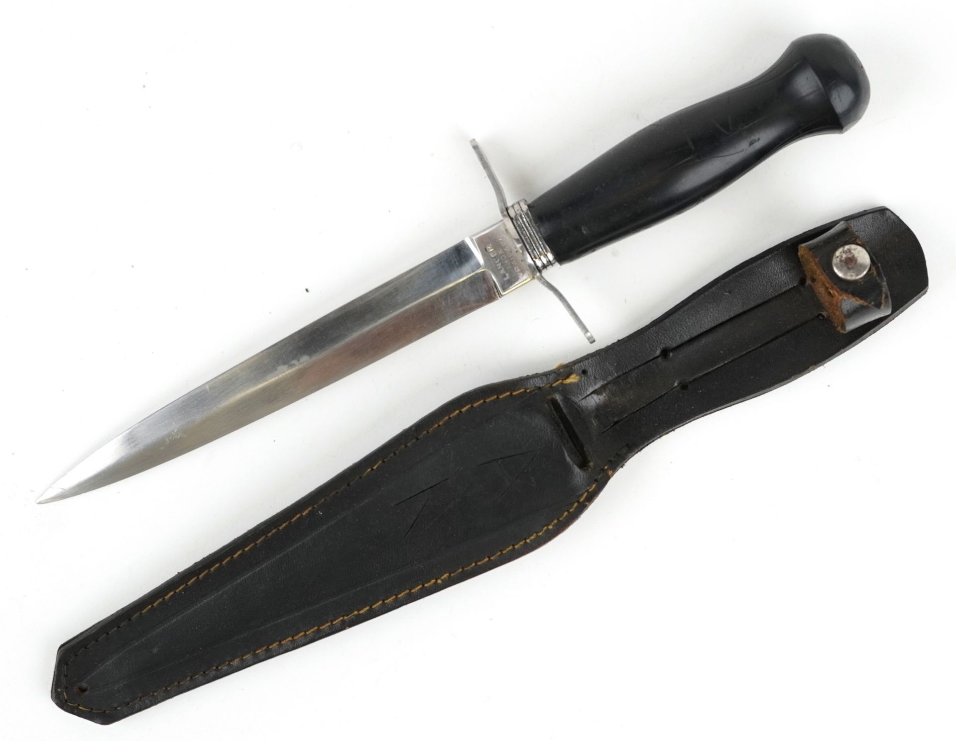 French military interest combat knife with leather sheath and steel blade impressed Lancer Inox